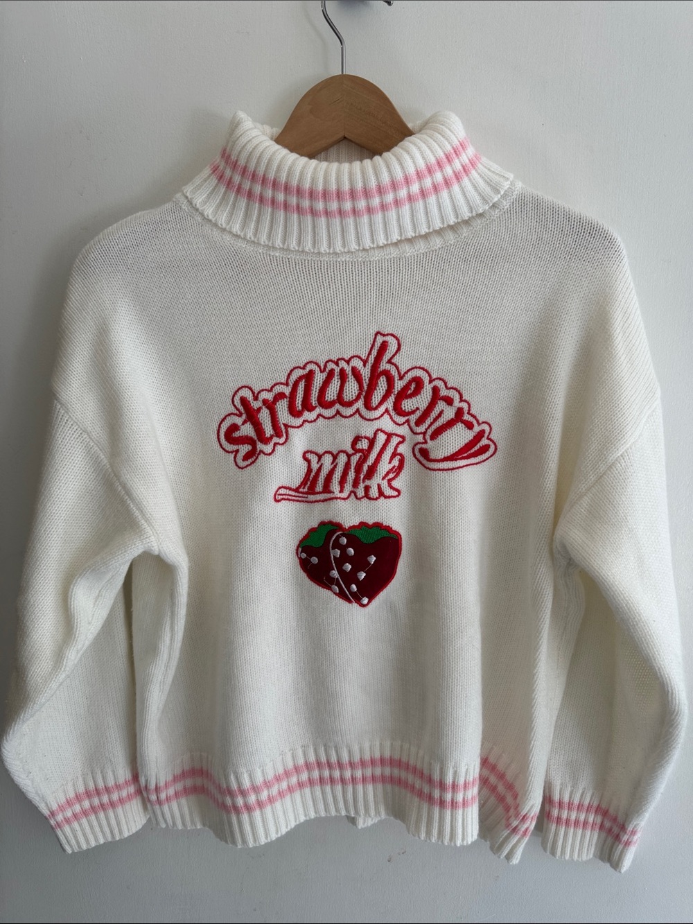 White & Pink 'Strawberry Milk' Turtleneck Sweater
